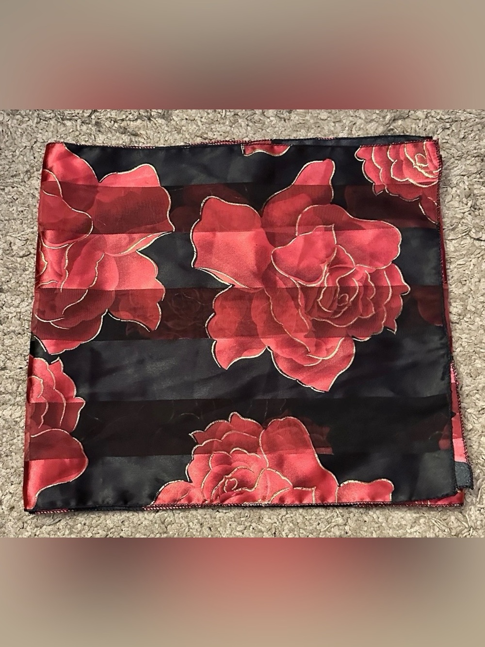 A.W. Items Women’s Black Red Rose Print Gold Outline Sheer Dress Scarf 60.5”x13”